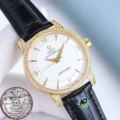 Omega Seamaster 8806 Movement 316L Steel Italian Cowhide Leather Strap Gold/Silver Case Watch